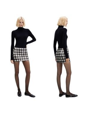 MANGO Black & White Houndstooth Sequin Mini Skirt Side Zipper US Sz S